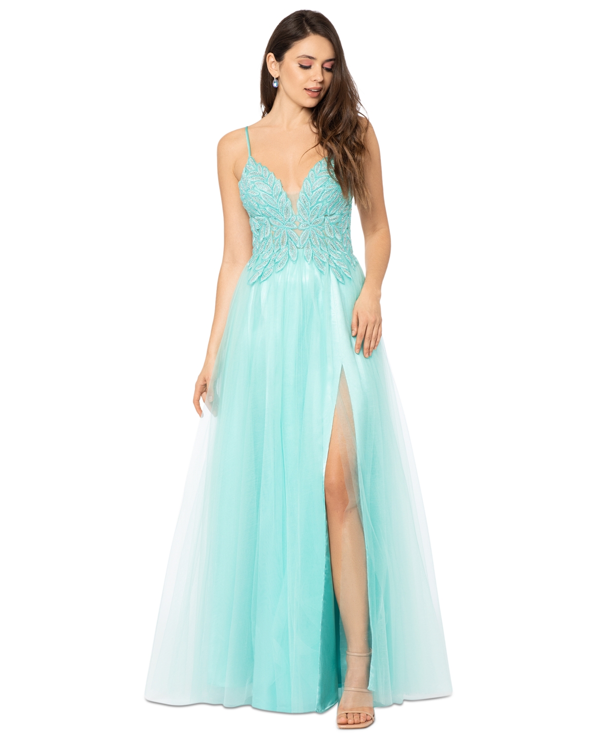 Blondie Nites Juniors' Mesh Embroidered-Bodice Ball Gown