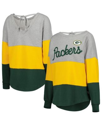 Women's Heathered Gray, Green Green Bay Packers Outfield Deep V-Back Pullover Sweatshirt