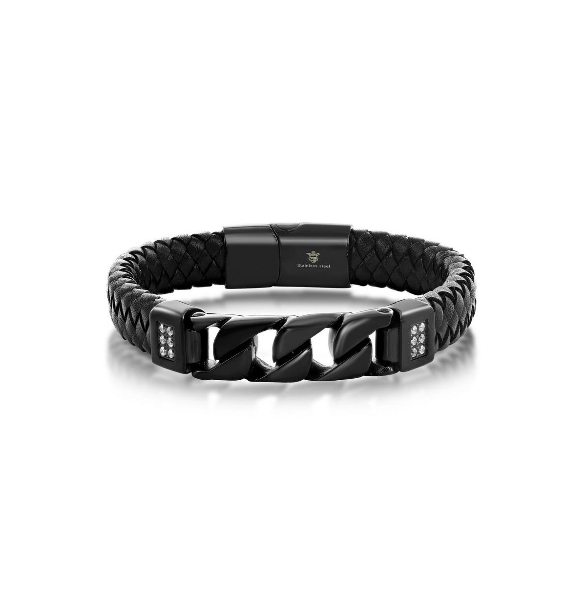 Blackjack Mens Stainless Steel Genuine Black Leather Black Curb Link W/ Cz Bracelet In Black