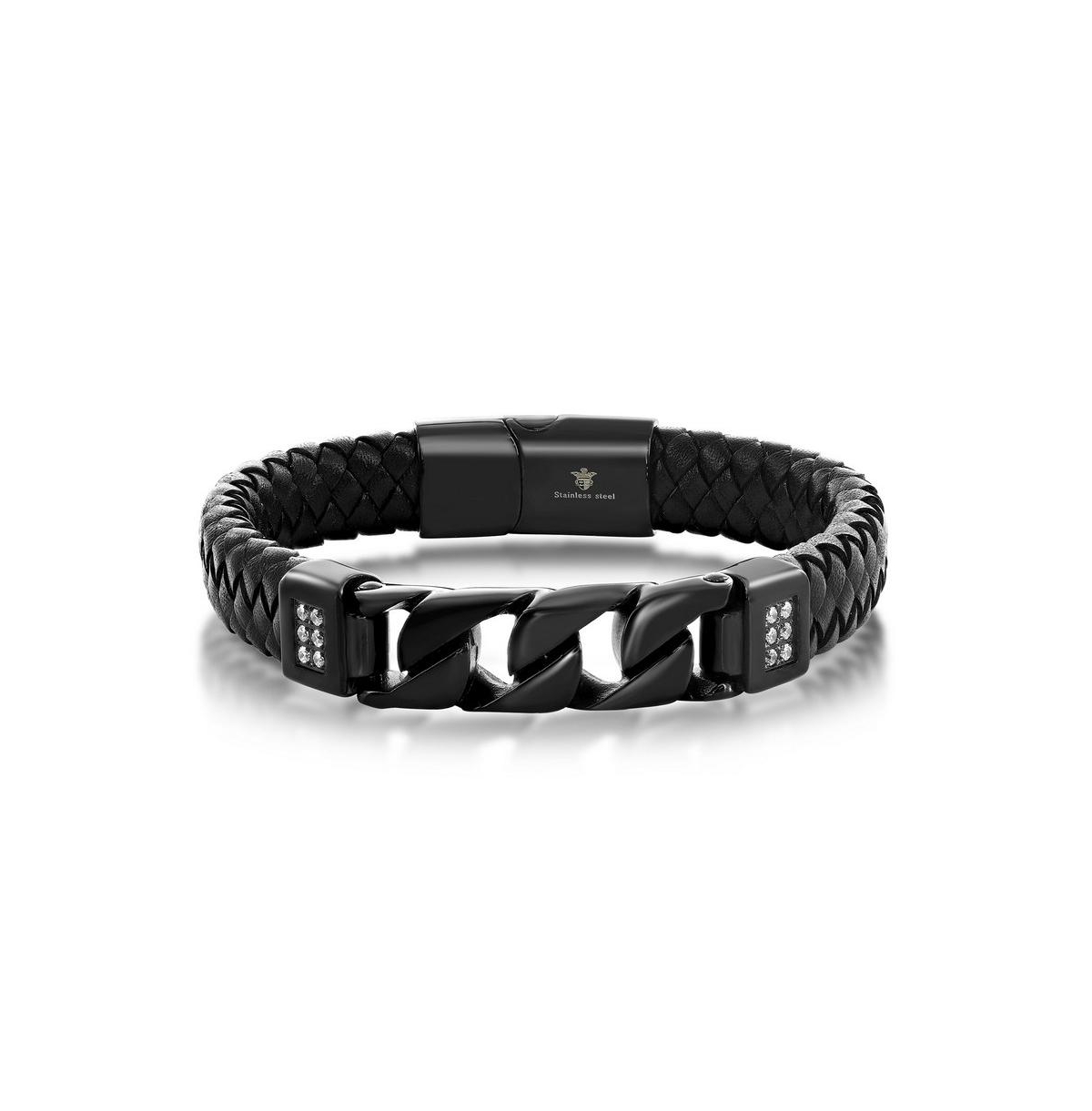 BLACKJACK MENS STAINLESS STEEL GENUINE BLACK LEATHER BLACK CURB LINK W/ CZ BRACELET