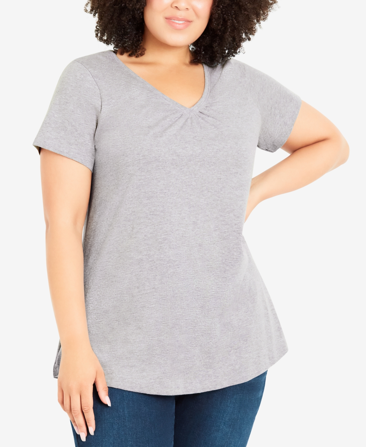 Avenue Plus Size Gathered V-neck Cotton Top In Gray