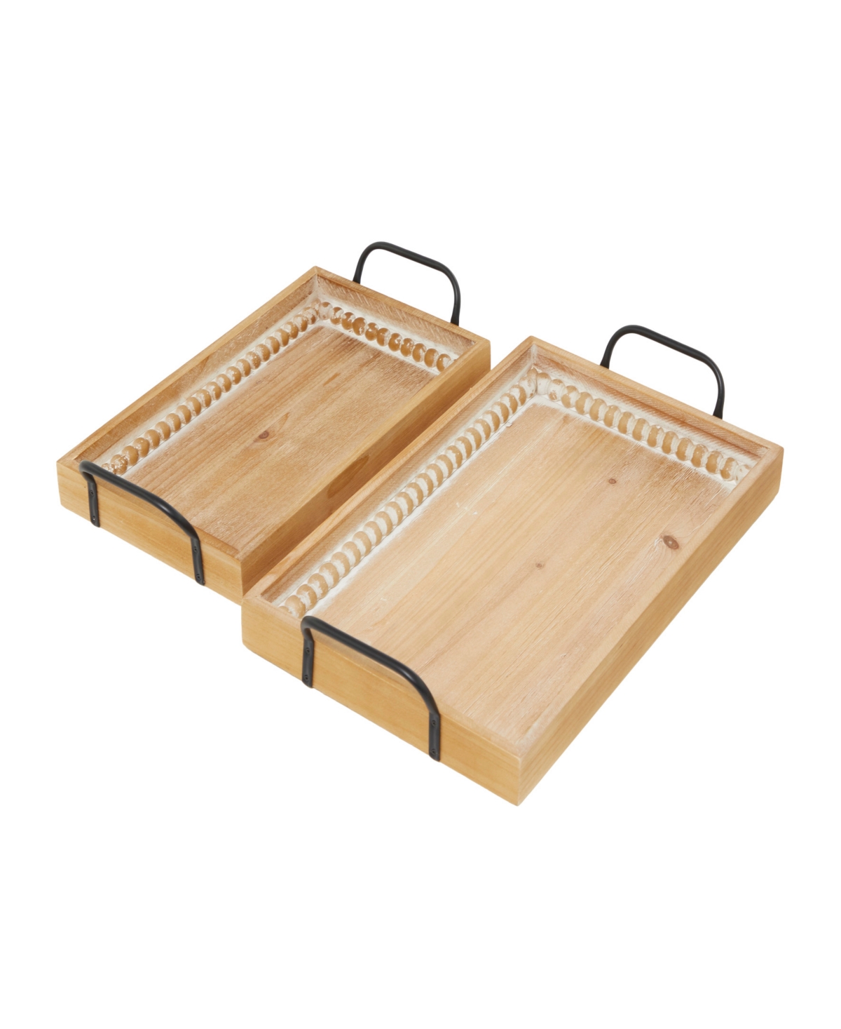 Rosemary Lane Wood Carved Beaded Tray with Metal Handles, Set of 2, 21