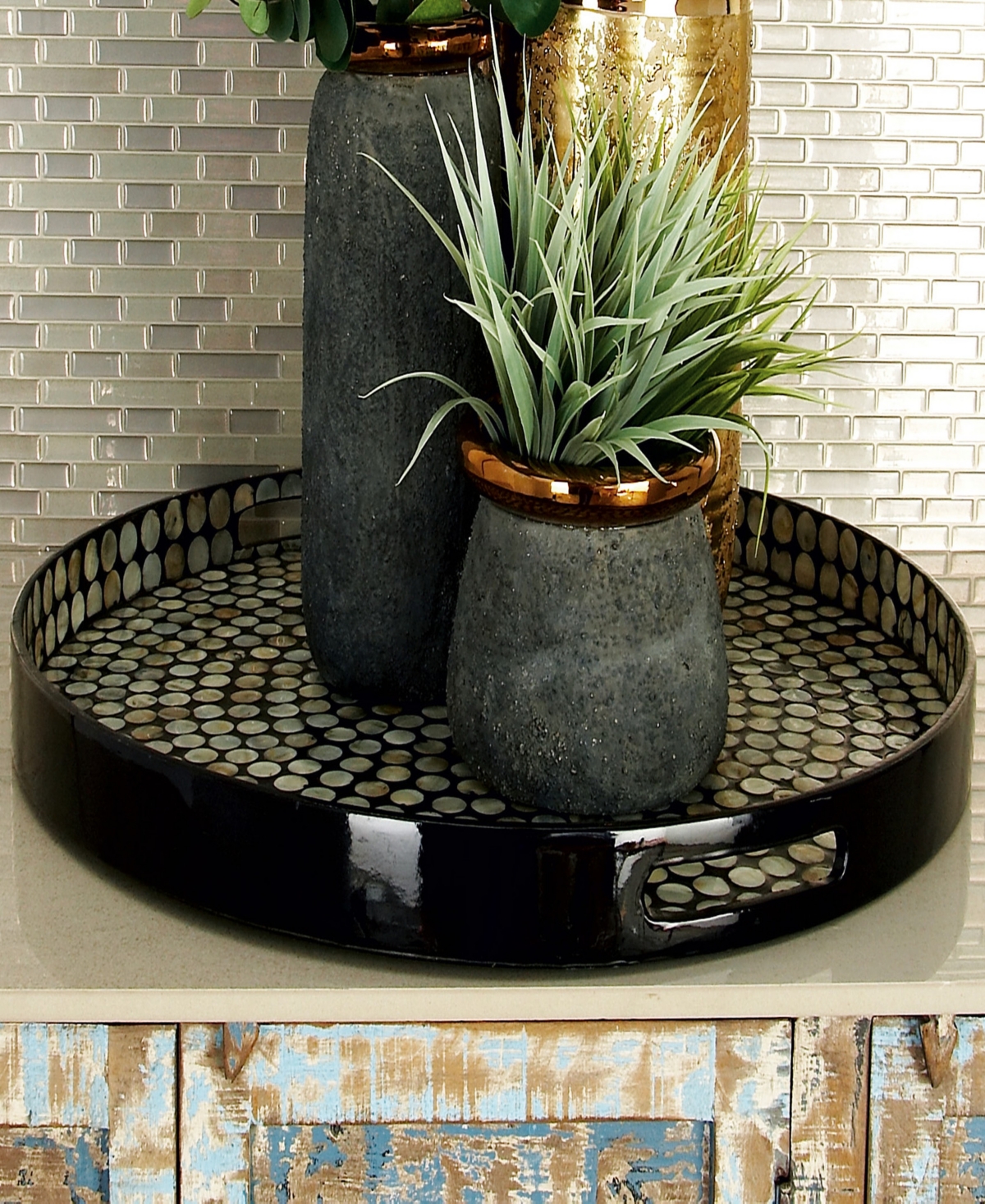 Rosemary Lane Mother of Pearl Handmade Tray with Slot Handles, 24