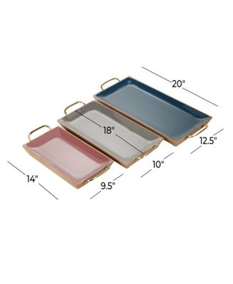 Multi Colored Mango Wood Tray with Enamel Interior, Set of 3, 24", 18", 15" W