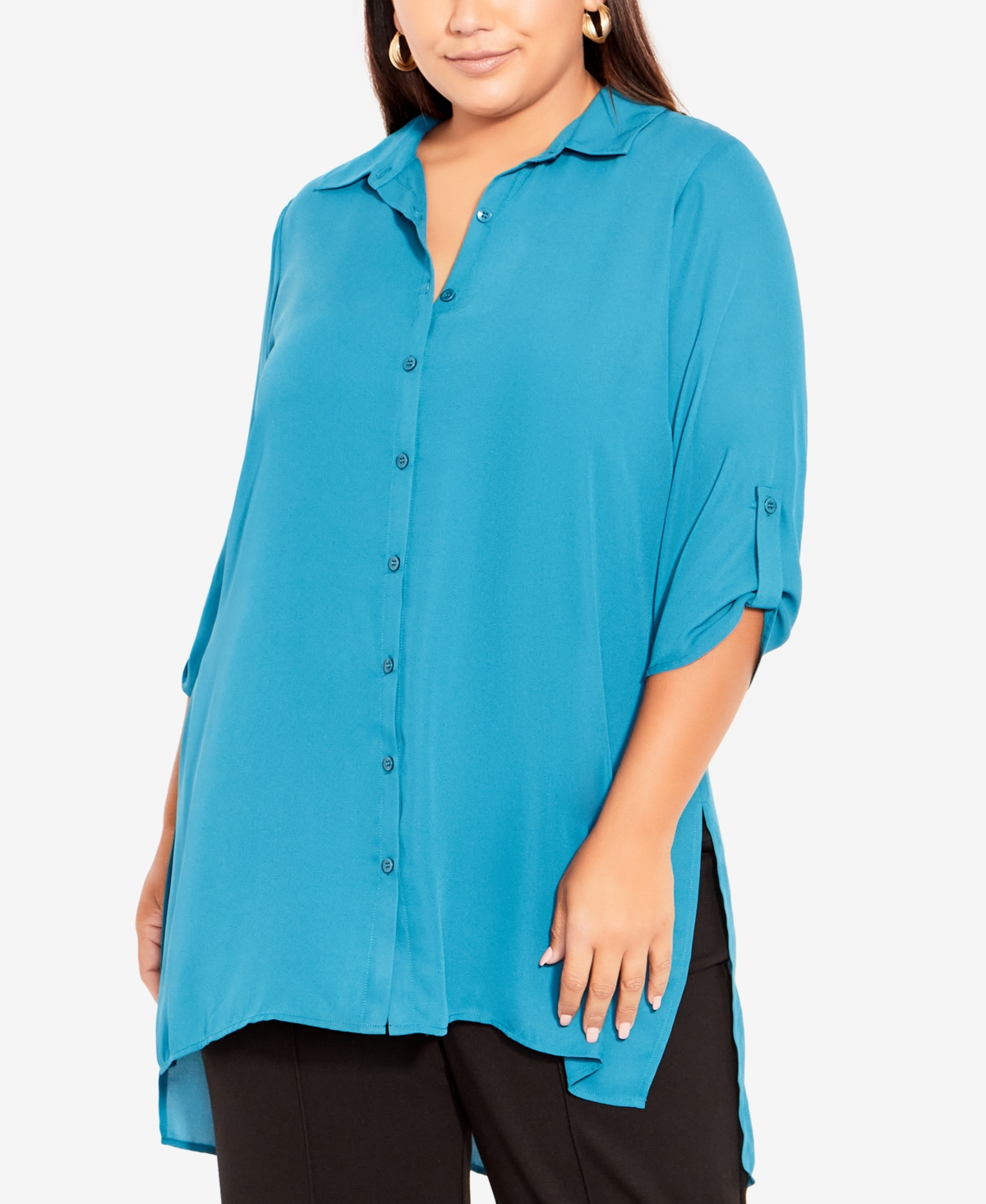 Avenue Plus Size Longline Collared Blouse In Teal