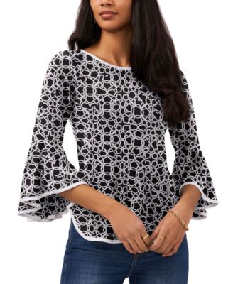 Sam & Jess - Petite Floral-Print Bell-Sleeve Piped Top