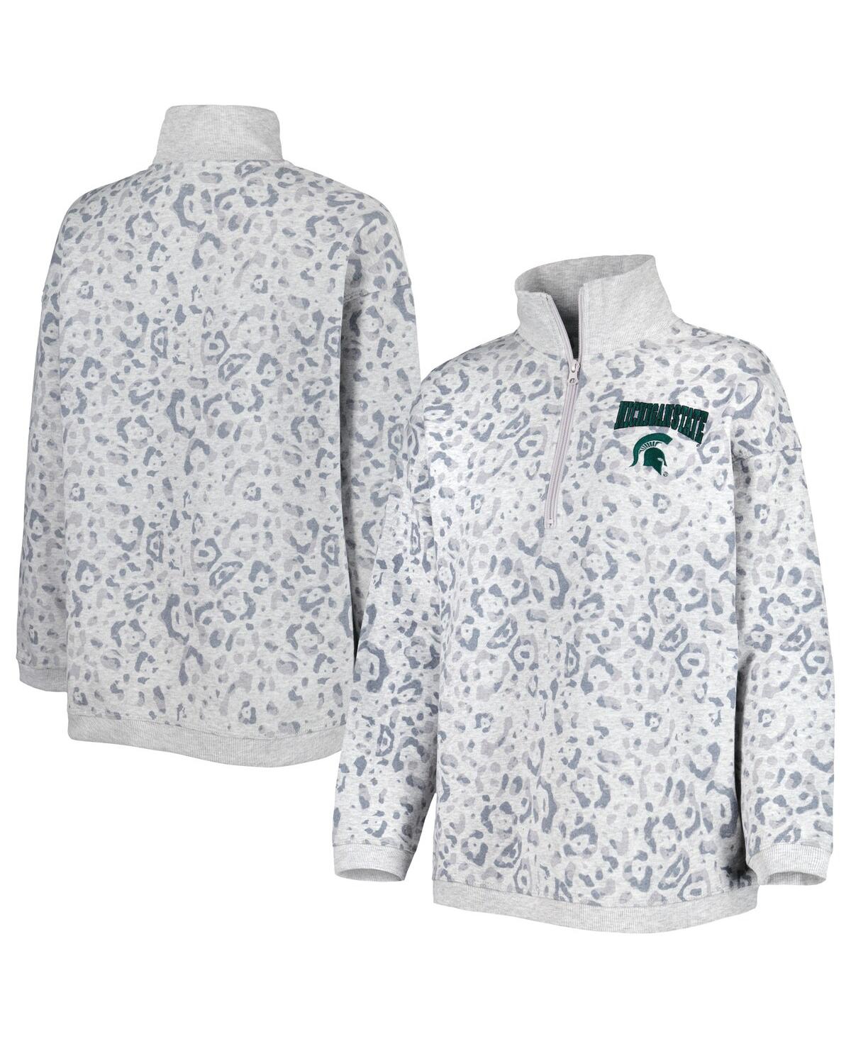 GAMEDAY COUTURE WOMEN'S GAMEDAY COUTURE HEATHER GRAY MICHIGAN STATE SPARTANS LEOPARD QUARTER-ZIP SWEATSHIRT 