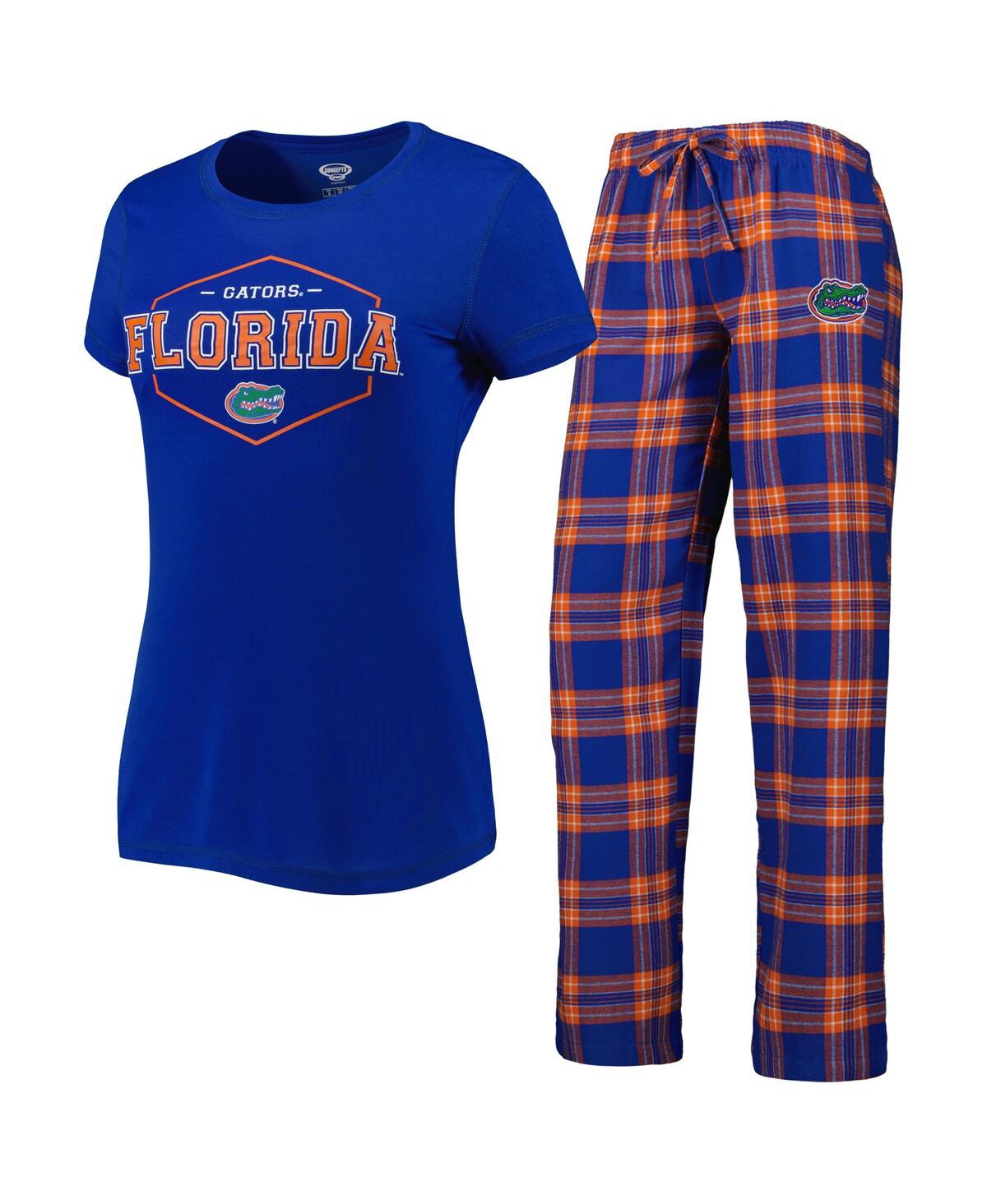 Concepts Sport Women's  Royal And Orange Florida Gators Badge T-shirt And Flannel Pants Sleep Set In Royal,orange