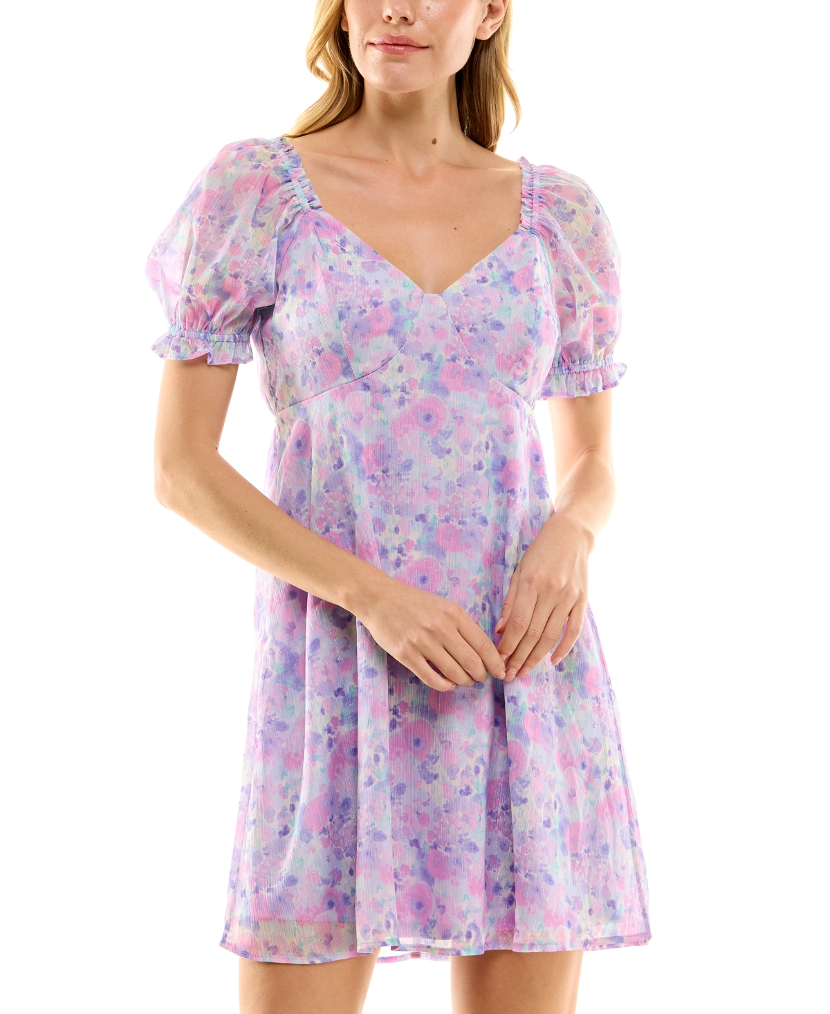 Crystal Doll Juniors' Floral-Print Puff-Sleeve Dress