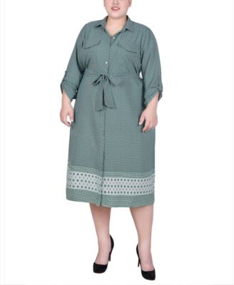 Plus Size 3/4 Roll Tab Sleeve Belted Shirtdress