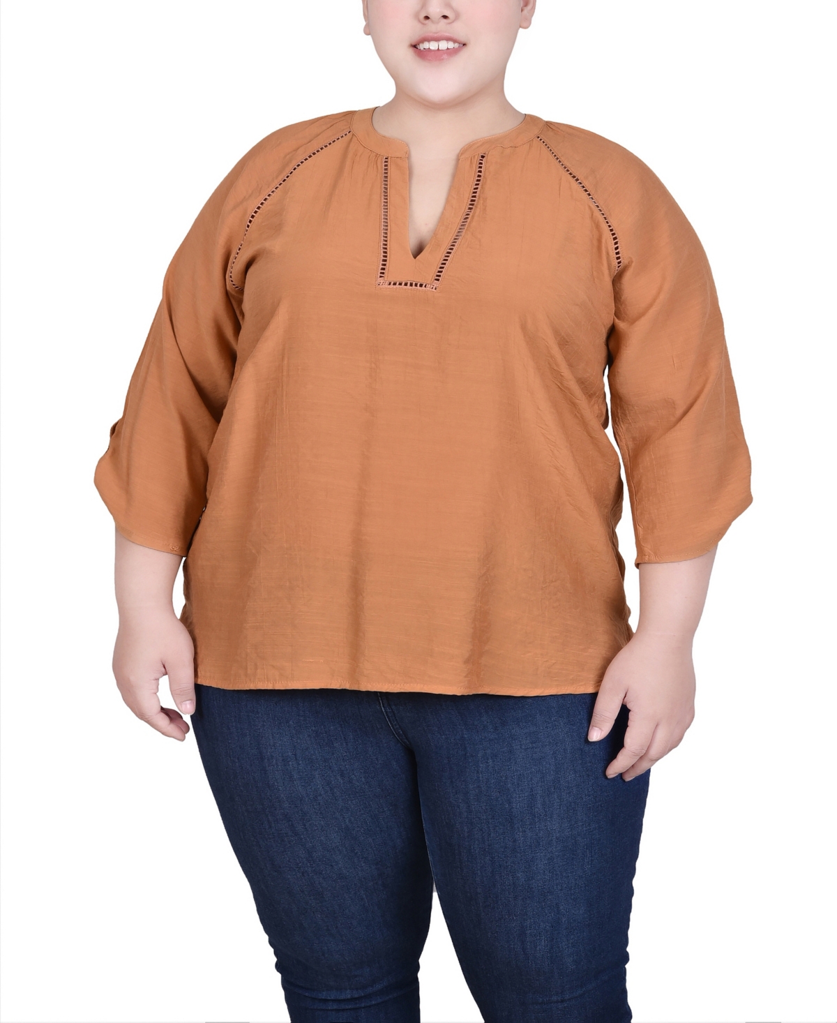 Ny Collection Plus Size Raglan Sleeve Split Neck Blouse In Meerkat
