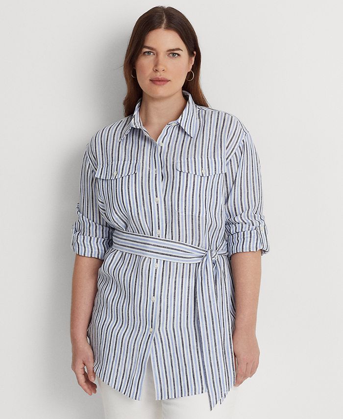 Ralph Lauren Women's Pocketed Striped Roll Tab Sleeve Point Collar Button Up Top Blue Size Medium main image 0