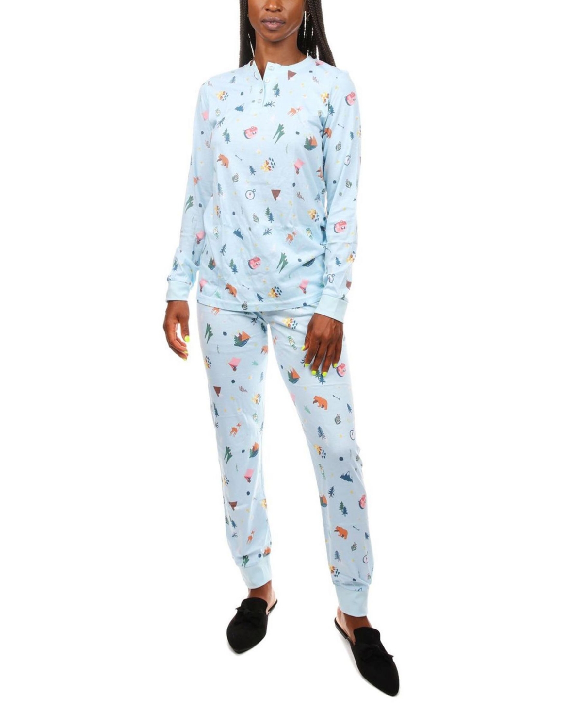 Women's Campfire Fun Cotton Blend 2 Piece Pajama Set - Sky Blue