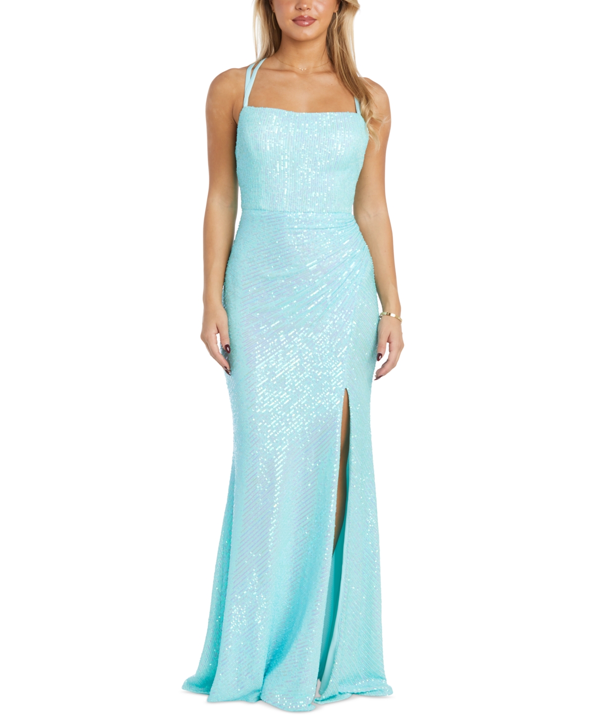 Women's Iridescent Sequined Strappy-Back Gown - Aquamarine