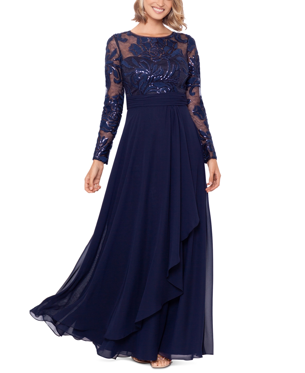 Xscape cap sleeve embroidered gown hotsell