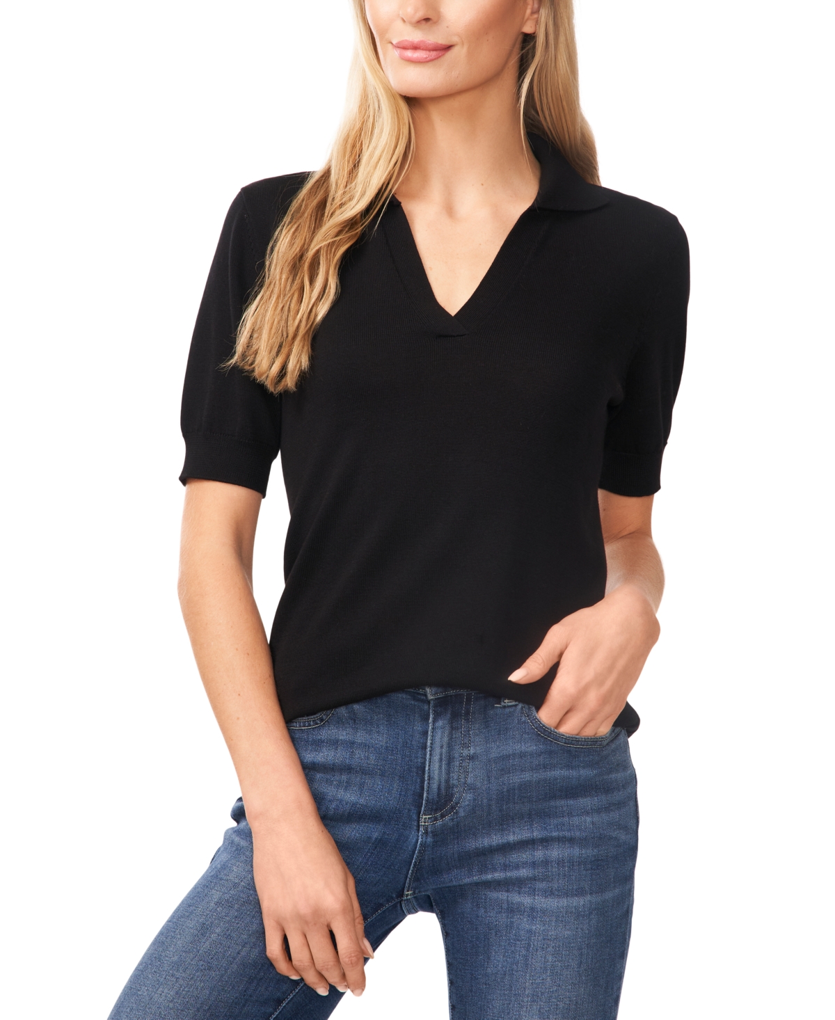 Cece Women's Short Sleeve Collared Polo V-neck Sweater In Rich Black