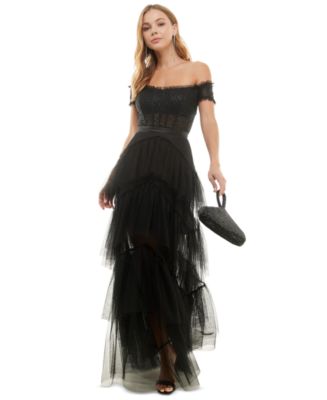 City Studios Juniors' Off-The-Shoulder Tiered Mesh Gown, Created