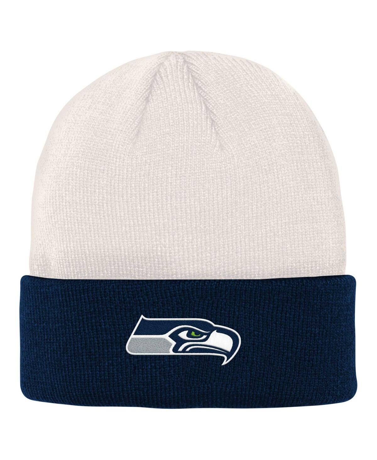 Outerstuff Big Boys Cream, College Navy Seattle Seahawks Bone Cuffed Knit Hat In Cream,college Navy