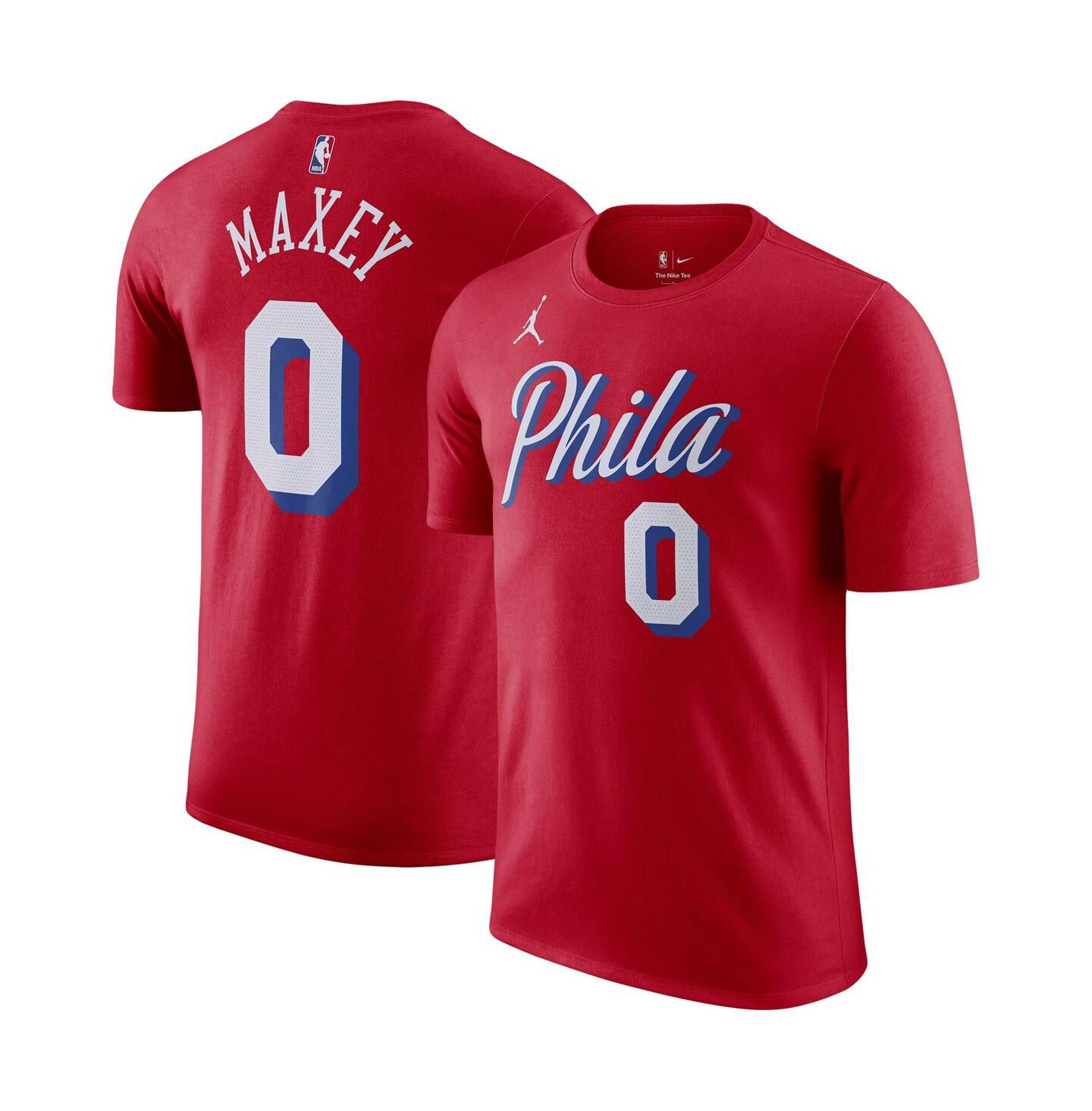 Мужская футболка Jordan Tyrese Maxey Red Philadelphia 76ers 2022/23 Statement Edition Name and Number — фото 4