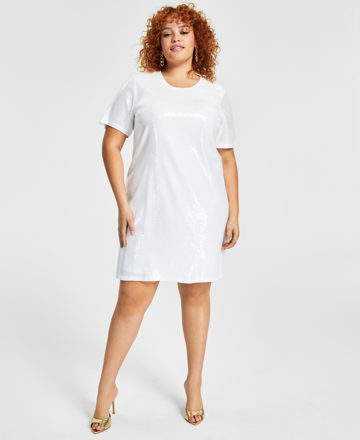 Nina Parker Trendy Plus Size Printed Short-sleeve Sequin Dress In Bright White