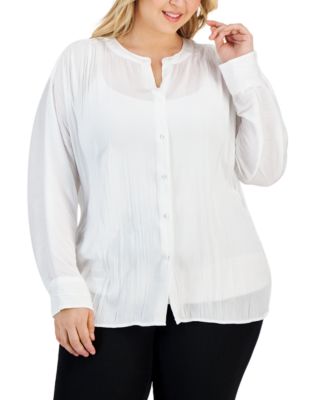 Calvin Klein - Plus Size Shirred Round-Neck Button-Front Top