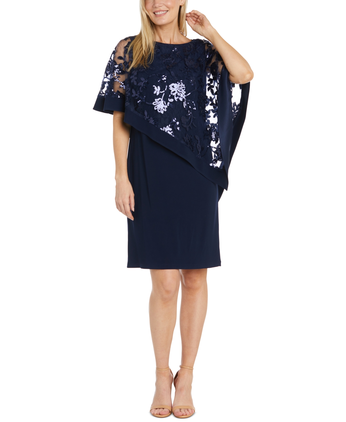R & M Richards Women's Sequined Floral-lace Poncho Dress In Navy