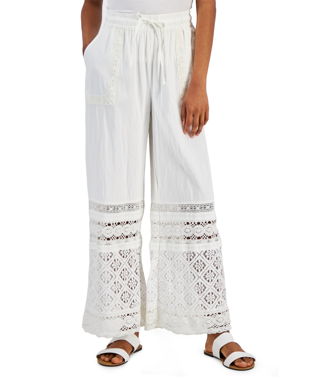Style & Co Women's Cotton Crochet Wide-leg Pull-on Pants, Created For Macy's In Off White