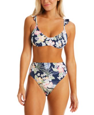 Jessica Simpson Women's Stranded In Paradise Floral-Print Ruffled-Shoulder  Bikini Bra Top
