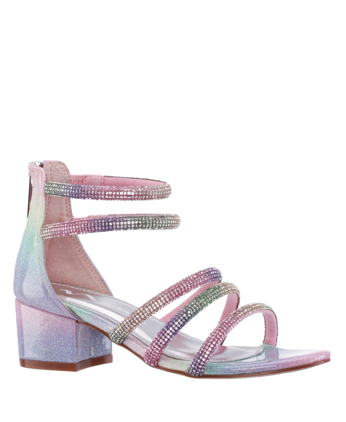 Nina Big Girls Sparklar Ankle Strap Zipper Closure Sandals In Pastel Rainbow Coated Glitter