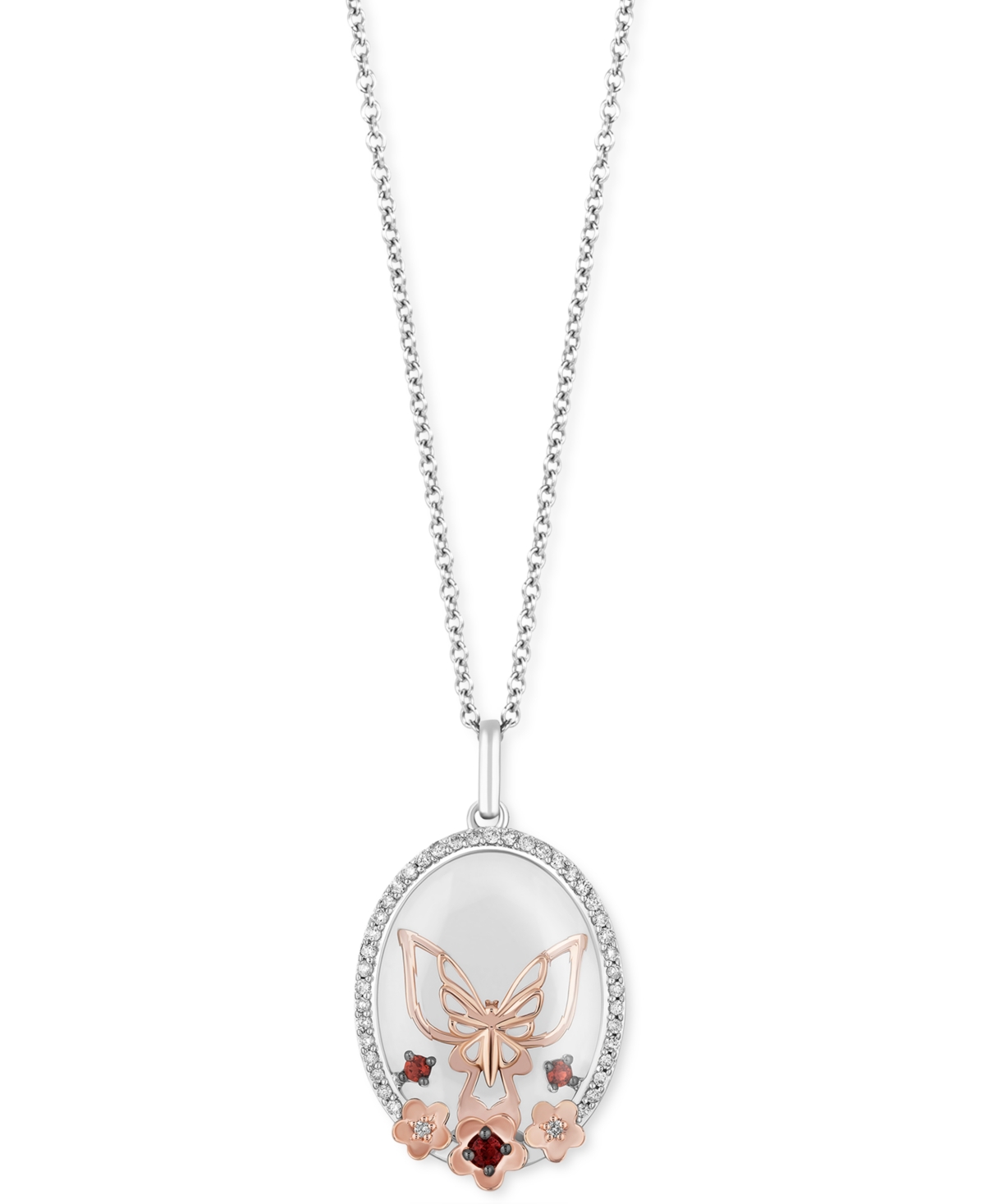 Enchanted Disney Fine Jewelry White Topaz (4-3/8 ct. t.w.), Garnet Accent & Diamond (1/6 ct. t.w.) Mulan Butterfly Pendant Necklace in Sterling Silver & 14k Rose Gold, 16" + 2" extender