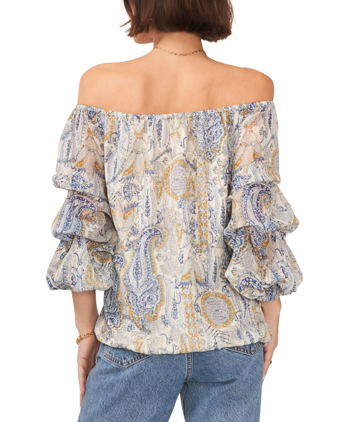 Vince Camuto Women's Paisley Off The Shoulder Bubble Sleeve Tie Front Blouse