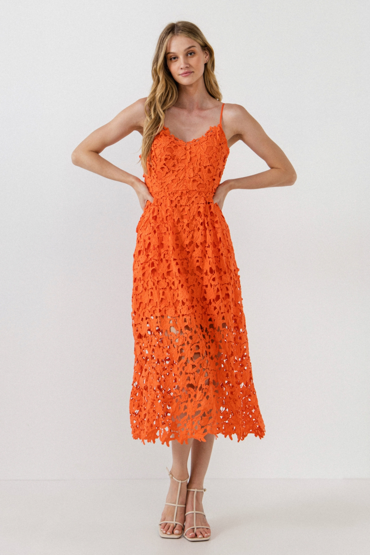 Endless Rose Lace Spaghetti Strap Midi Dress In Orange ModeSens