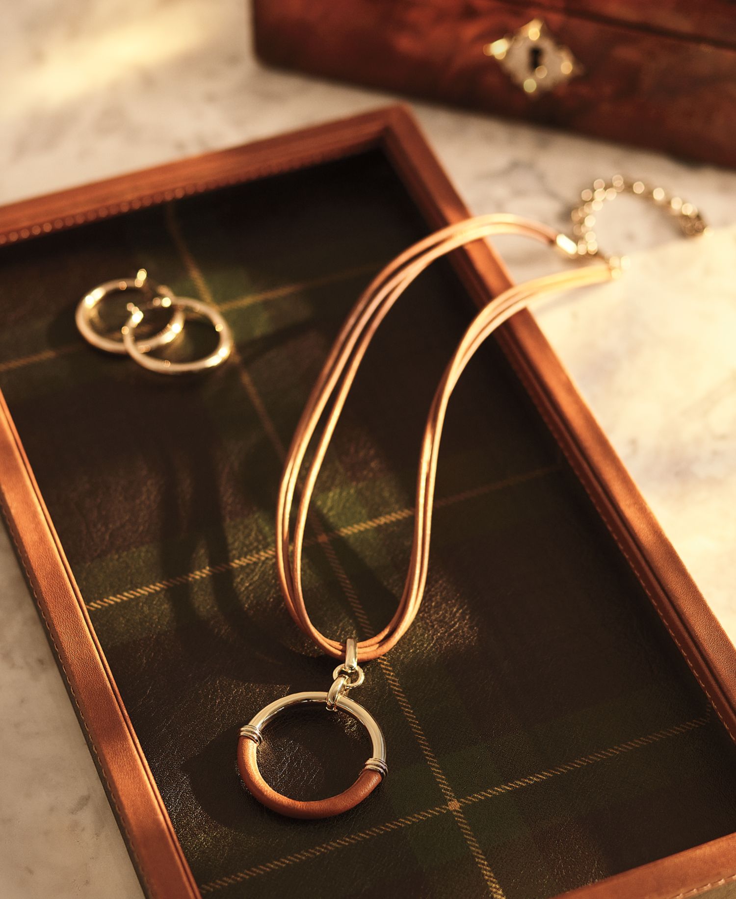 Leather-Wrapped Ring Multi-Cord Pendant Necklace, 16" + 3" extender