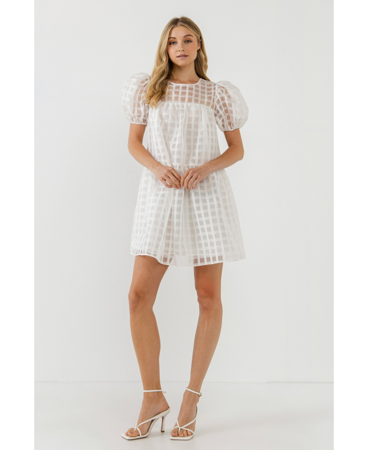 English Factory Women's Gridded Puff Sleeve Dress In White
