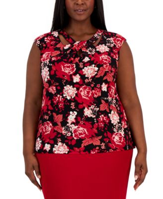 Kasper - Plus Size Sleeveless Twisted-Neck Floral Top