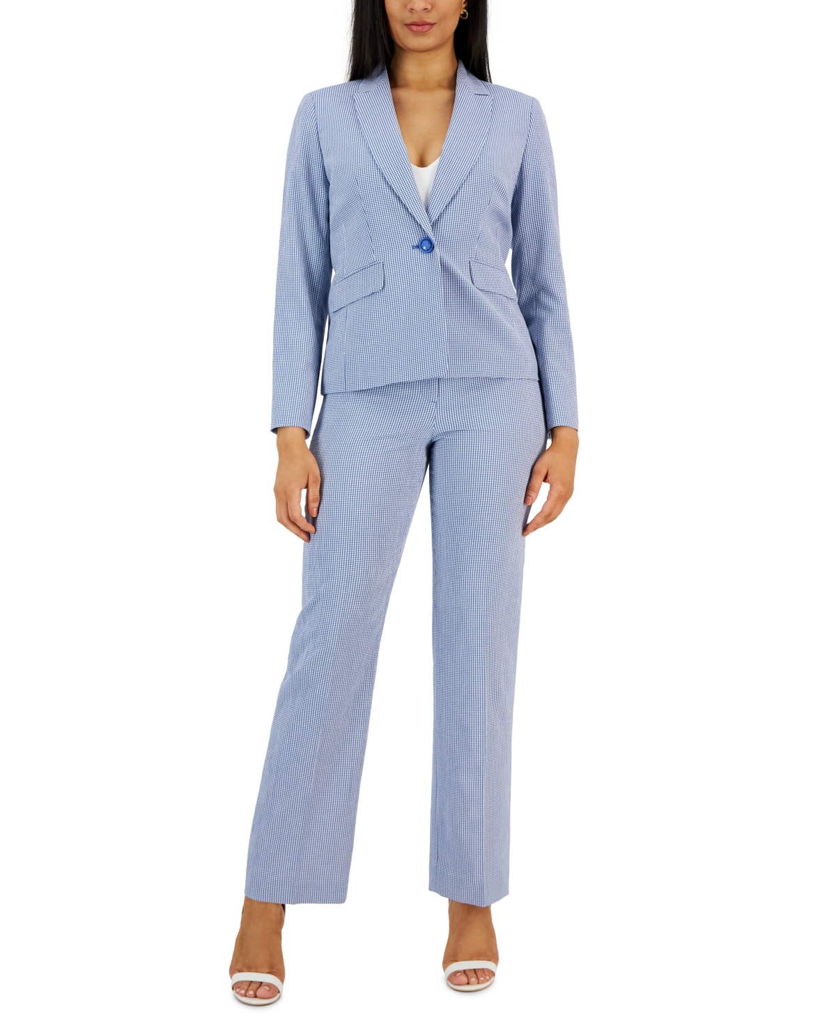 Gingham Single-Button Closure Blazer and Straight Leg Mid-Rise Pantsuit, Regular and Petite Sizes - Chambray/White