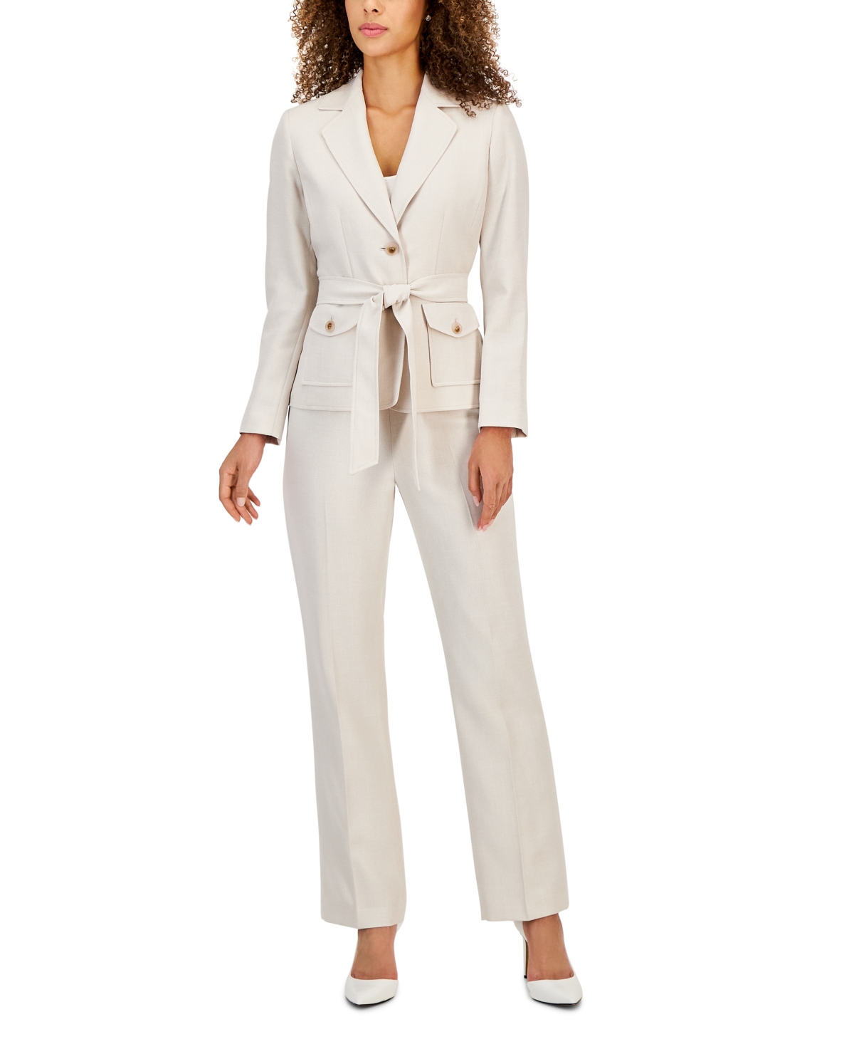 Le Suit Women's Belted Safari Jacket Pantsuit, Regular & Petite Sizes In Khaki,white