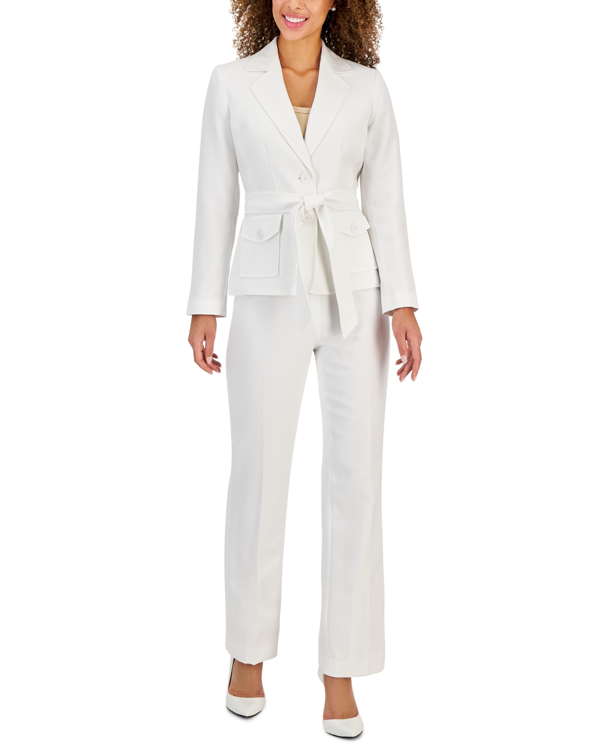 Le Suit Women's Belted Safari Jacket Pantsuit, Regular & Petite Sizes In White