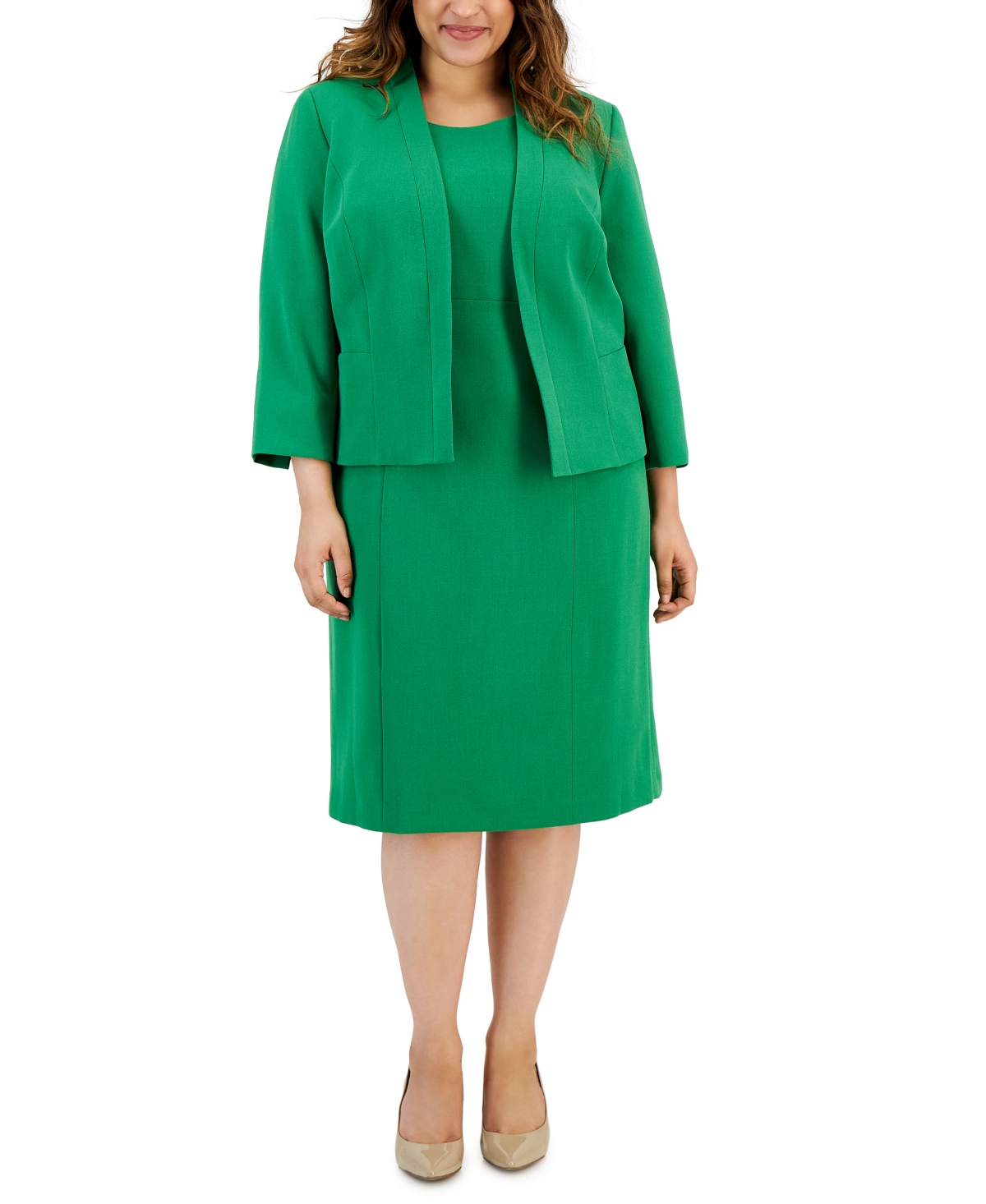 Le Suit Plus Size Crepe Open Front Jacket And Crewneck Sheath Dress Suit In Verde
