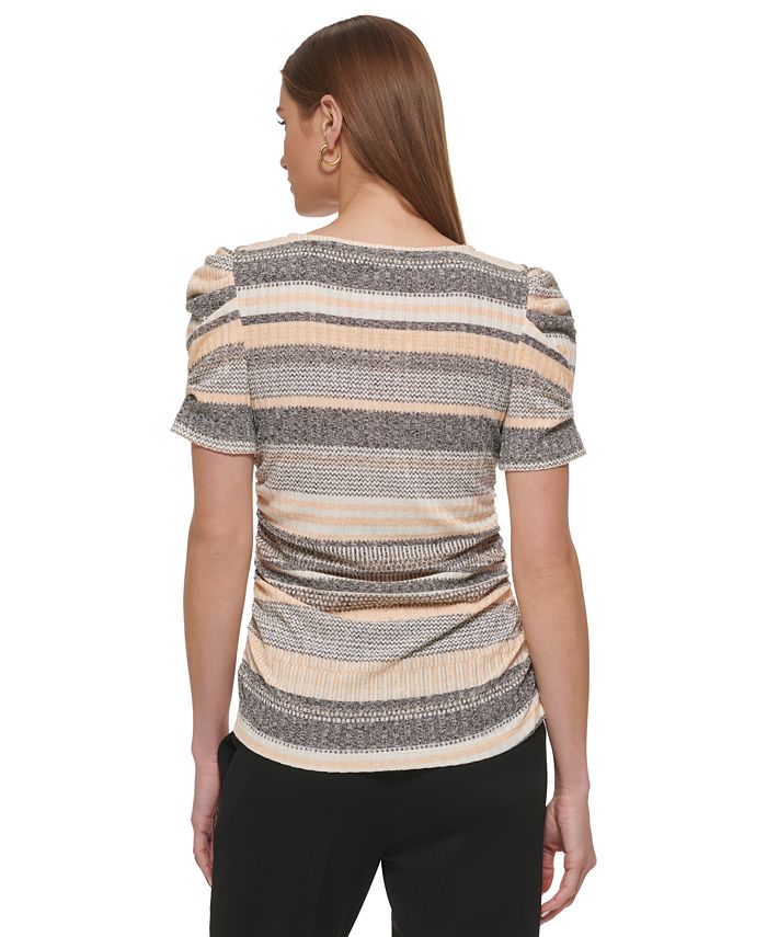 Dkny Womens Striped Puff Sleeve Crewneck Top Macys 