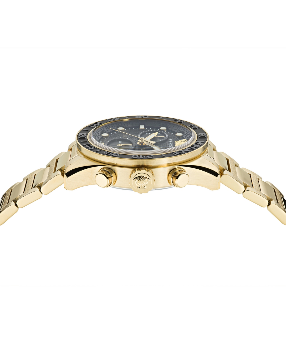 Shop Versace Men's Swiss Chronograph Greca Dome Gold Ion Plated Bracelet Watch 43mm In Ip Yellow Gold