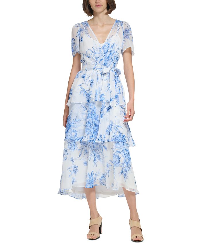 Calvin Klein Women's Printed Chiffon Short-Sleeve Tiered Dress - Macy's