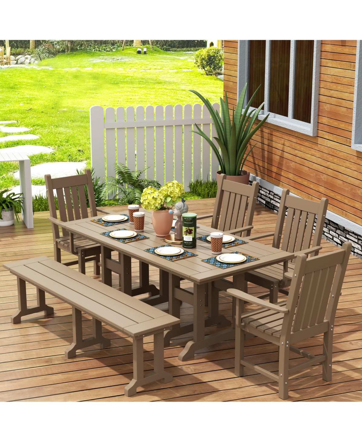 WestinTrends 6 Piece Outdoor Patio Dining Set Table and Bench Armchair