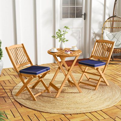 3PCS Patio Folding Wooden Bistro Set Cushioned Chair Conversation