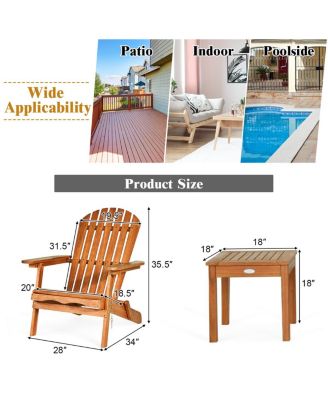 3PCS Patio Wooden Adirondack Chair Table Set Folding Seat Furniture Garden