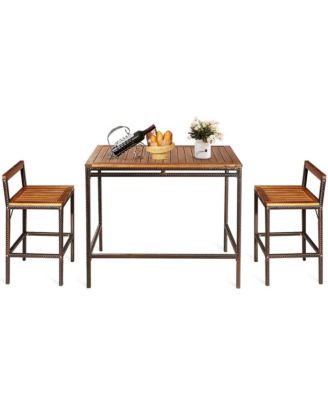 3 PCS Patio Rattan Wicker Bar wood Table Chair Outdoor