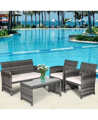 4PCS Patio Rattan Furniture Set Conversation Glass Table Top
