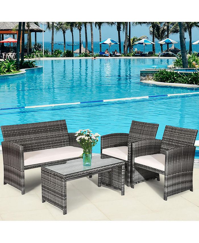 Costway 4PCS Patio Rattan Furniture Set Conversation Glass Table Top