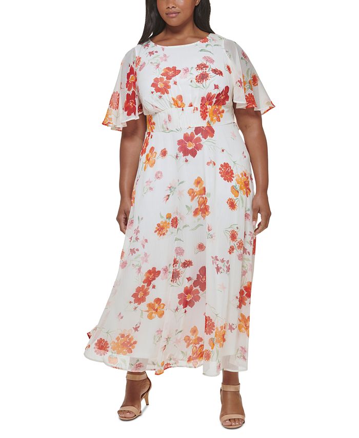 Calvin Klein Plus Size Cape-Sleeve Floral Chiffon Dress & Reviews - Dresses  - Plus Sizes - Macy's