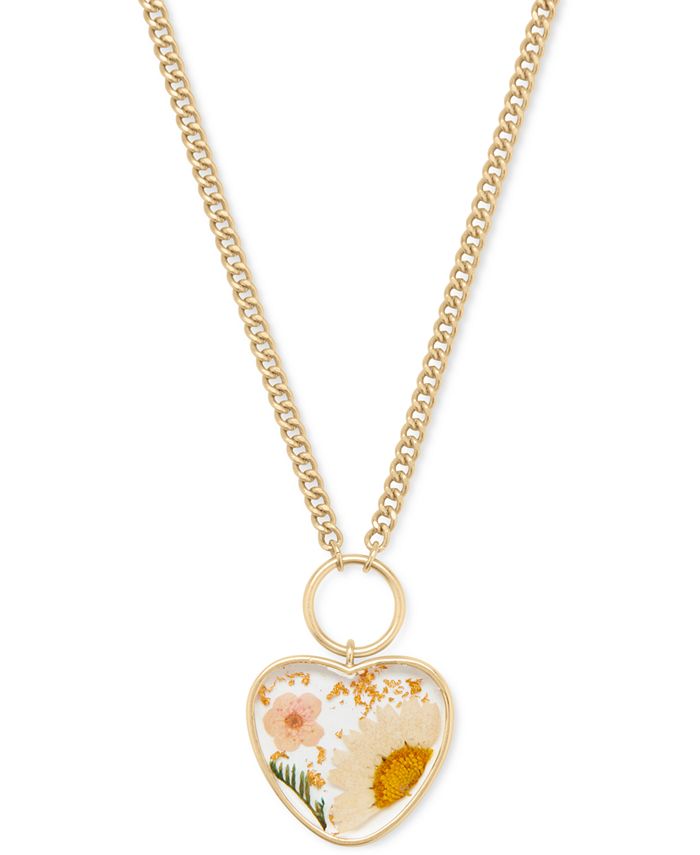 Lucky Brand Gold Tone Dried Flower Heart Pendant Necklace 17